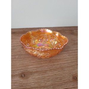 Vintage Carnival Glass Candy Dish by Dugan Cherries Kathy in Iridescent Marigold